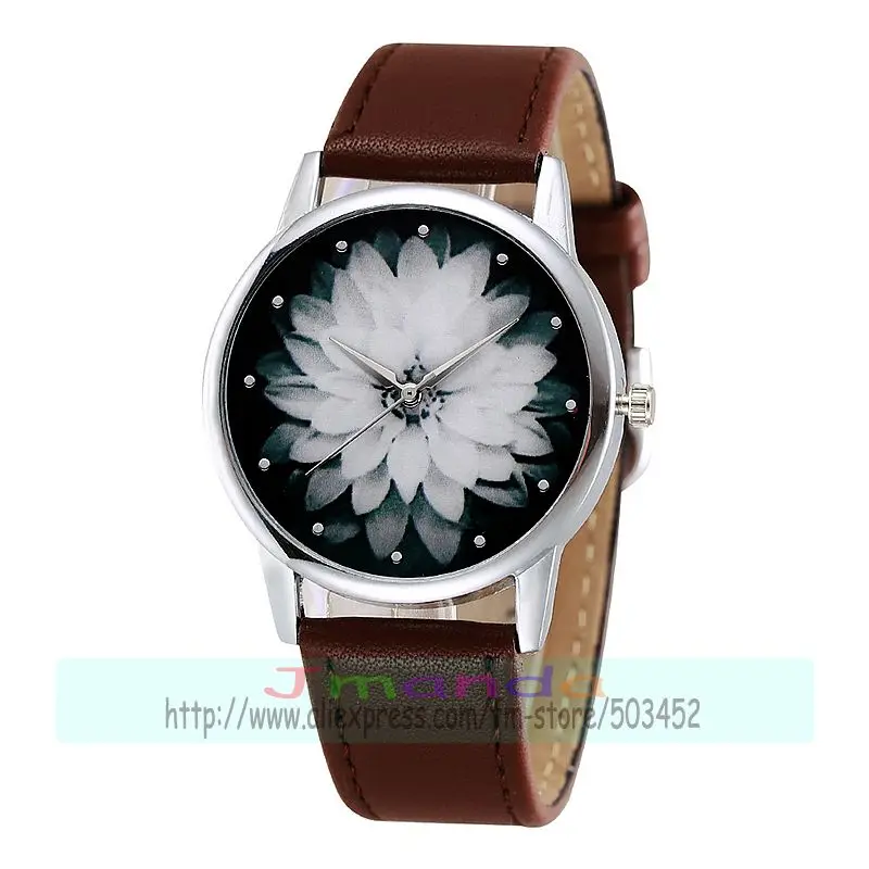 100pcs/daudz modes black white flower ādas skatīties silver gadījumā, ja gadījuma skatīties kvarca rokas pulkstenis vairumtirdzniecības dāma ziedu skatīties
