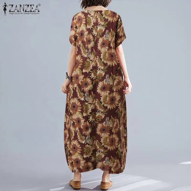 Ir 2021. Vasaras Saulgriežu Printed Kleita ZANZEA Sievietēm ar Īsām Piedurknēm Sundress Vintage Kokvilnas Veļa Maxi Ilgi Vestido Sieviešu Drēbes Kaftan