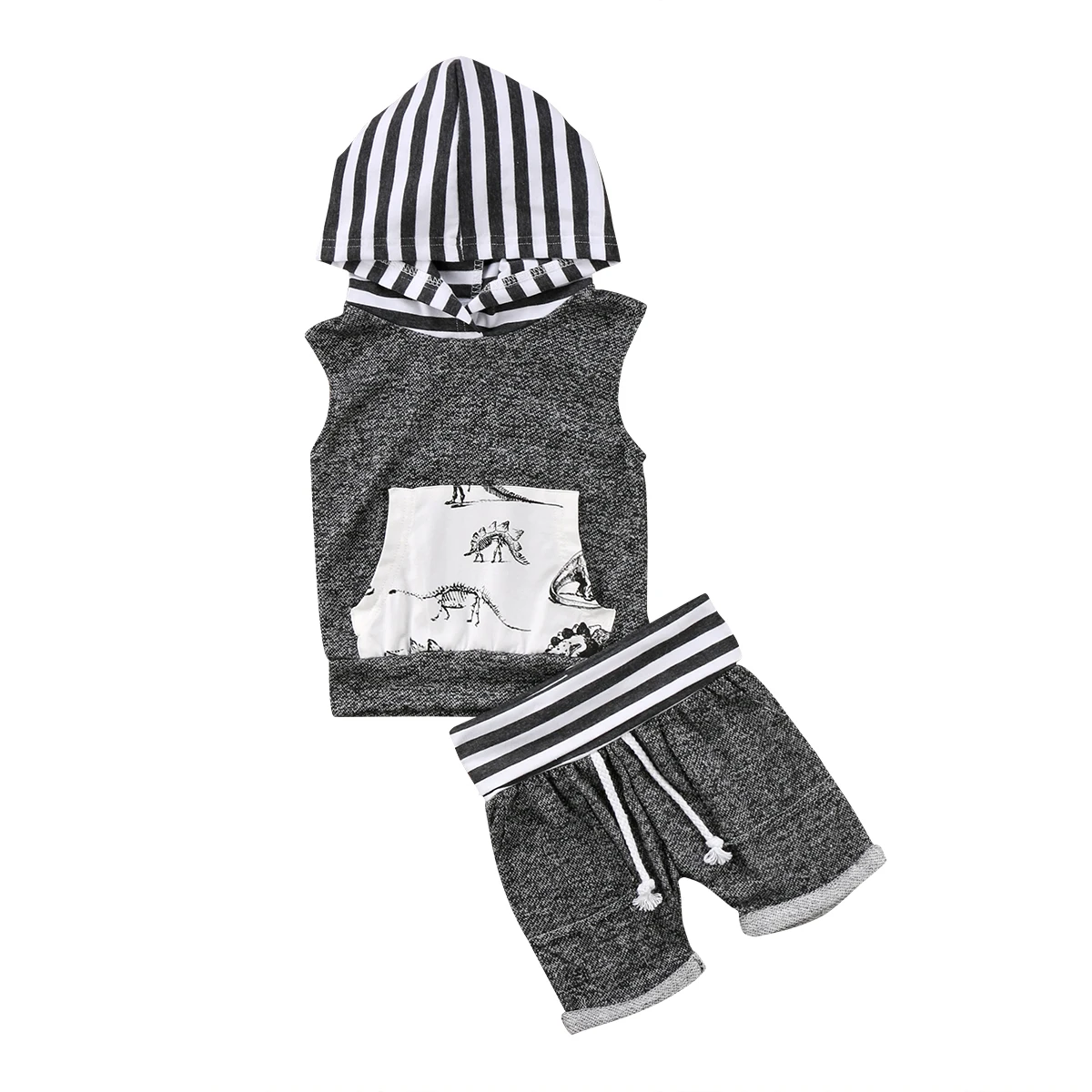 2019 jaunu gadījuma Toddler Bērniem, Baby Boy svītrainām piedurknēm kapuci Topi+Šorti Bikses 2gab bērnu Apģērbs Dinozauru Apģērbu Komplekts