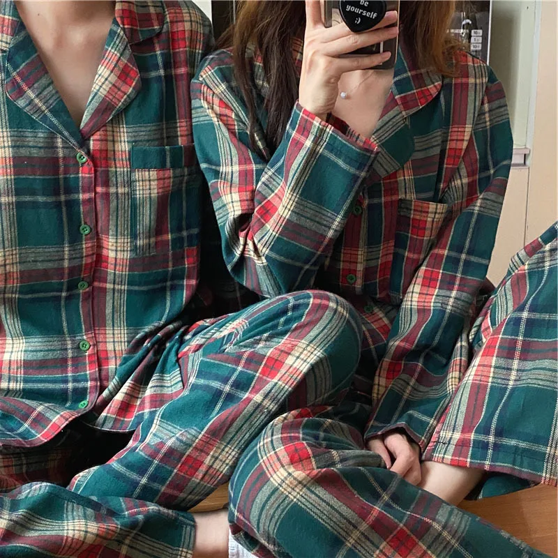 Rudenī, Ziemā Pāris Pidžamu Uzvalks Vienkārši Pleds Kokvilnas Sieviešu Pidžamas Mājas Apģērbu Plus Lieluma Bikses Pidžamas Ar Garām Piedurknēm Loungewear