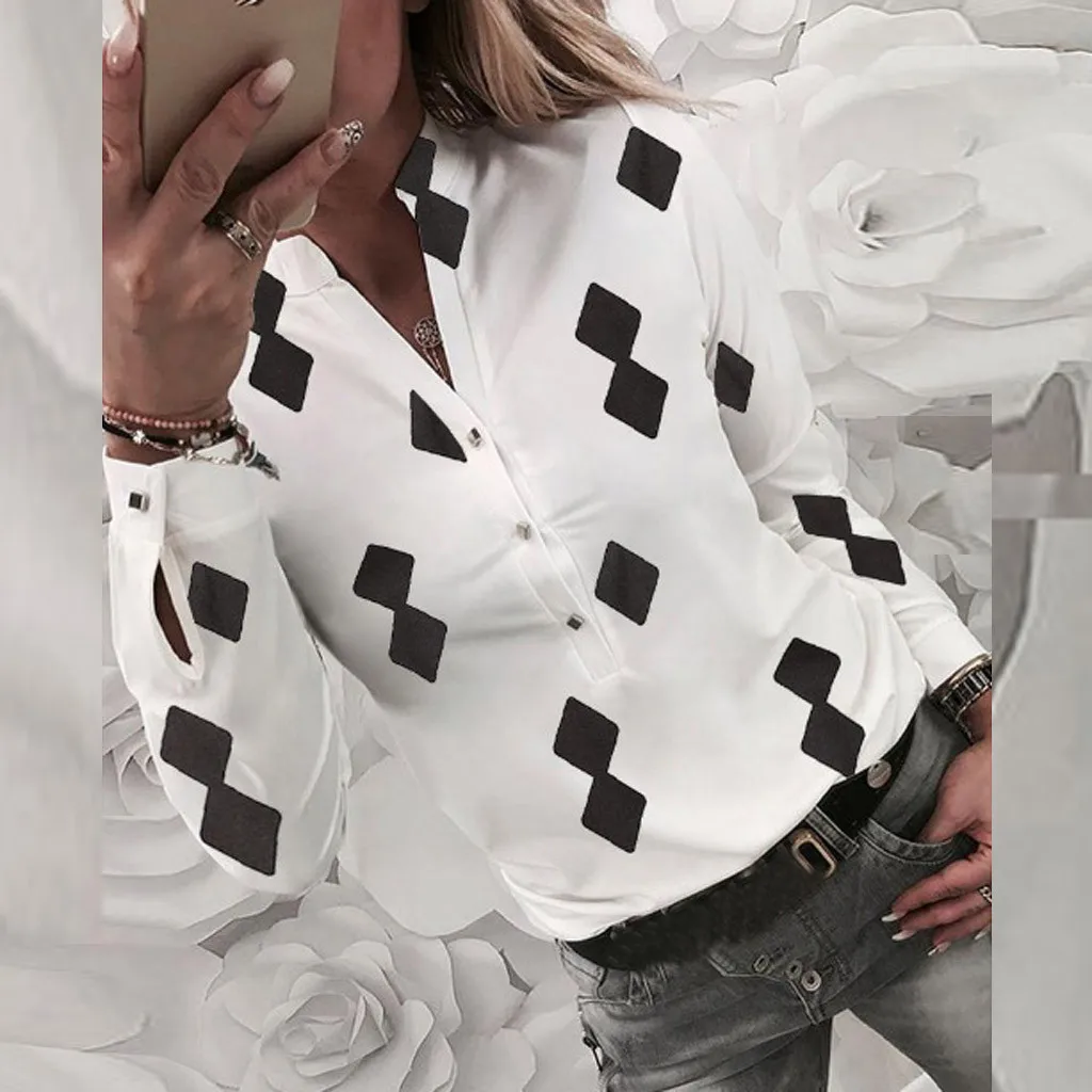 Blūze Sieviešu Plus Izmērs S-XL Blūzes Sieviete 2019 Blusa Modes Gadījuma Topi Ģeometriskā Drukāt garām Piedurknēm Pogas Poliestera блузка Z4