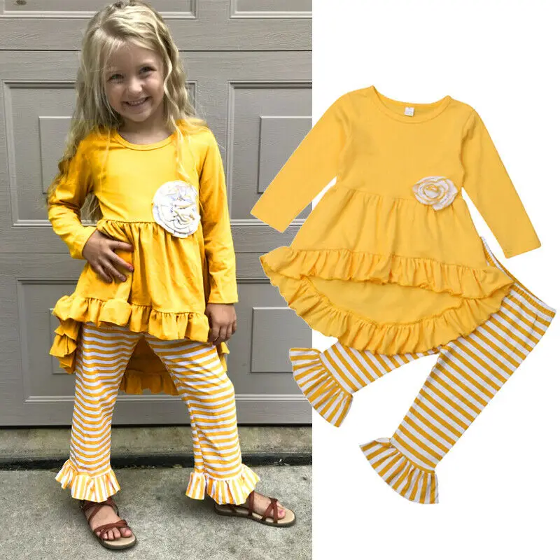2GAB Bērniem, Baby Meitenes ar garām Piedurknēm Topi Kokvilnas T-krekls Cēloņu 3D Ziedu Kleitu Svītrainām Savirmot Bikses Apģērbs, Apģērbu Komplekts 3-7T