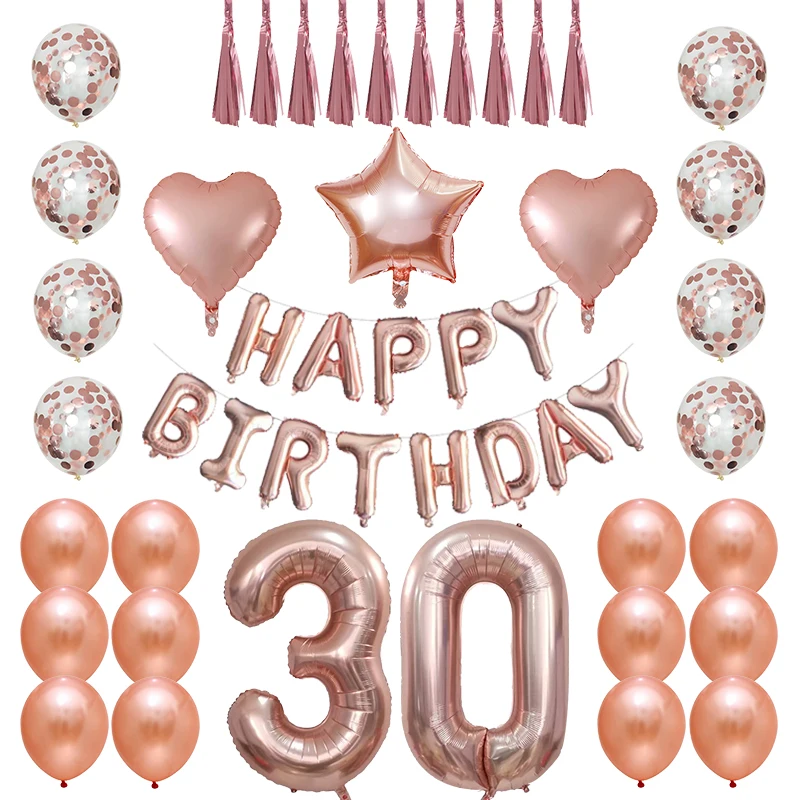 40inch Rose Gold 13 15 18 20 21 25 Skaitu Balonu Laimīgs 30 Dzimšanas Rožu Zelta Konfeti Balons ar Happy Birthday Vēstuli Bumbu