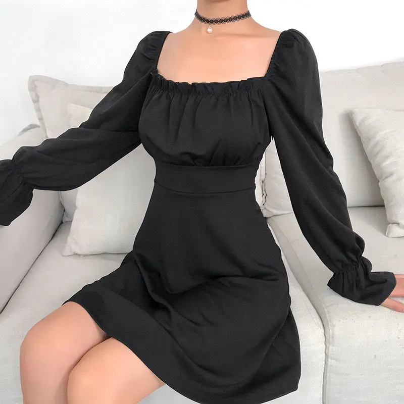 Vintage Black Goth Kleita Sieviete Drēbes Backless Sexy Pārsējs Kleita Ar Garām Piedurknēm Pie Pleca Puff Piedurknēm, Elegants Tunikas