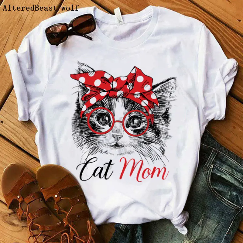Kaķu Mamma, T-krekls Sieviešu Modes Mama galvas apsējs Apģērbu Uzdrukāts Gudrs Tshirt Sieviešu Multiplikācijas filmu Ikdienas Īsās Piedurknes Funny T Krekls Topi