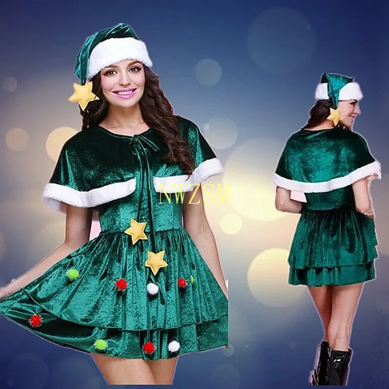 Cosplay Ziemassvētku Eglītes Kostīms Ziemassvētku Kostīms sievietēm Ziemassvētku puse kleita tērps ar cepuri bezmaksas piegāde hotsale 2019 jaunas