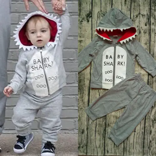 Karstā Cute Jaunu Toddler Bērniem, Baby Boy Haizivs Apģērbs Rāvējslēdzēju pelēkā vārna Topi, Bikses Tērpiem 2Pcs Set
