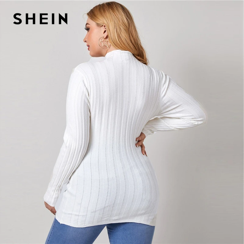 SHEIN Plus Lieluma Cietā Stāv Apkakle Adīt Džemperi, Puloveru, Sieviešu Rudens garām Piedurknēm Slim Fit Basic Topi Gadījuma Džemperi