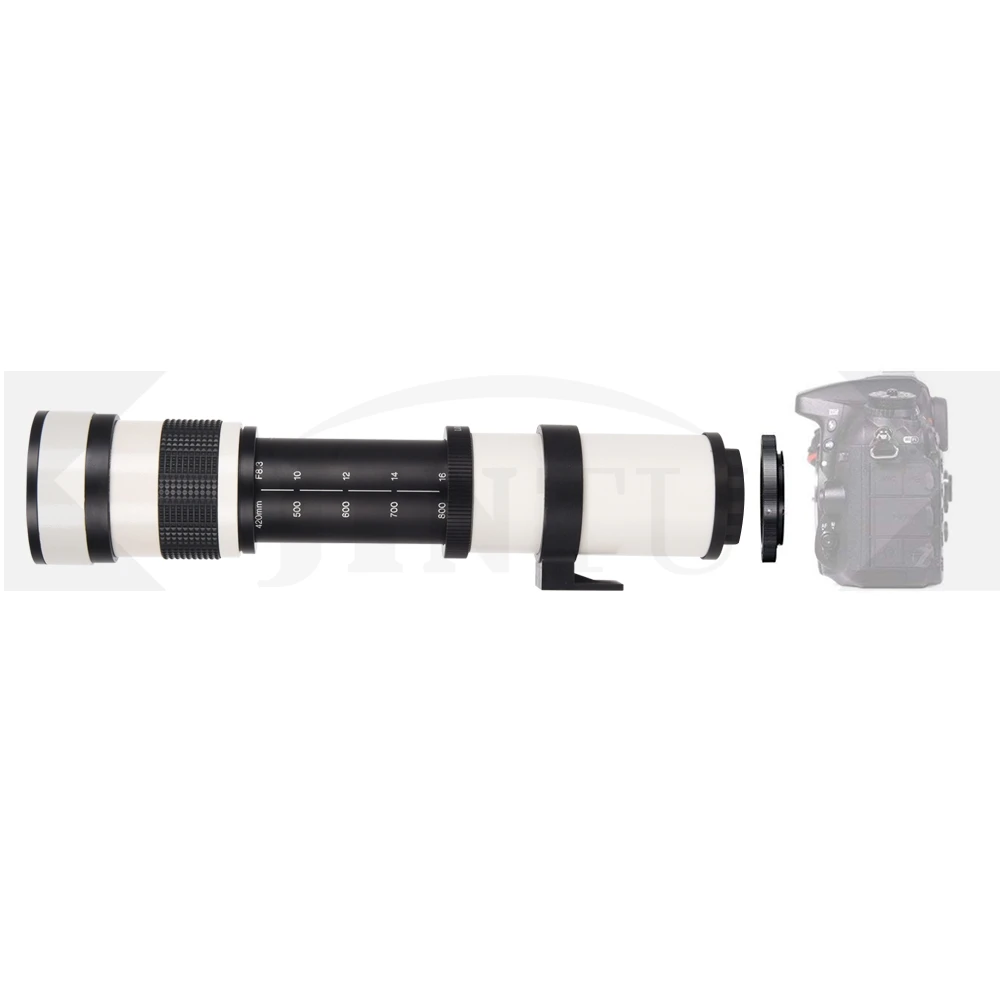 JINTU 420-800mm F/8.3 Telefoto Tālummaiņas Objektīvs + 3 in 1 Tīrīšanas komplekts +67 mm UV + blendi CANON EOS EF Mount DSLR Kameras Balts