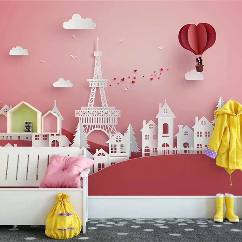 Pasūtījuma 3D Sienas Karikatūra Dzelzs Tower House Balons Rozā Meitenes Princese Istabas, Bērnu Istabas, Guļamistabas Sienu Apdare, Foto Tapetes