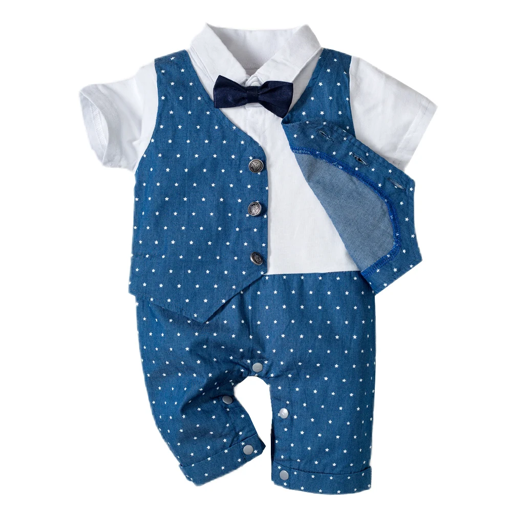 Baby Zēni Romper Apģērbu Vasaras Kokvilnas Džentlmenis Jumpsuit par Jaundzimušo Fashion Star Blue Drēbes 3 - 24 Mēneši Puse Apģērbs