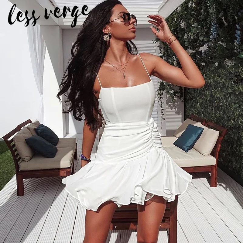 Lessverge Ruffles shirred šifona īss balta kleita bez piedurknēm, Elegants rudens melna kleita Sievietēm gadījuma dāmas boho pludmales kleita
