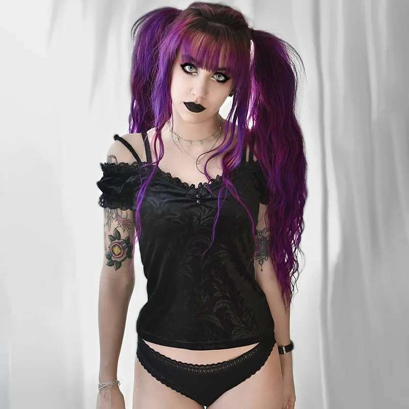 Y Demo Gothic Rāpojošs Samtu, Mežģīnes T-krekls Gadījuma Lolita Slash Apkakli, Īsām Piedurknēm Melnā Sexy Harajuku Sieviešu New Tee