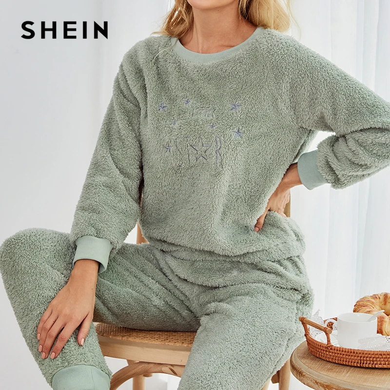SHEIN Piparmētru Zaļa Izšuvumi Flaneļa Cietā Pidžamas Komplekts Sieviešu Ziemas garām Piedurknēm ar Apaļu Kakla Silts Gadījuma Loungewear Komplekti