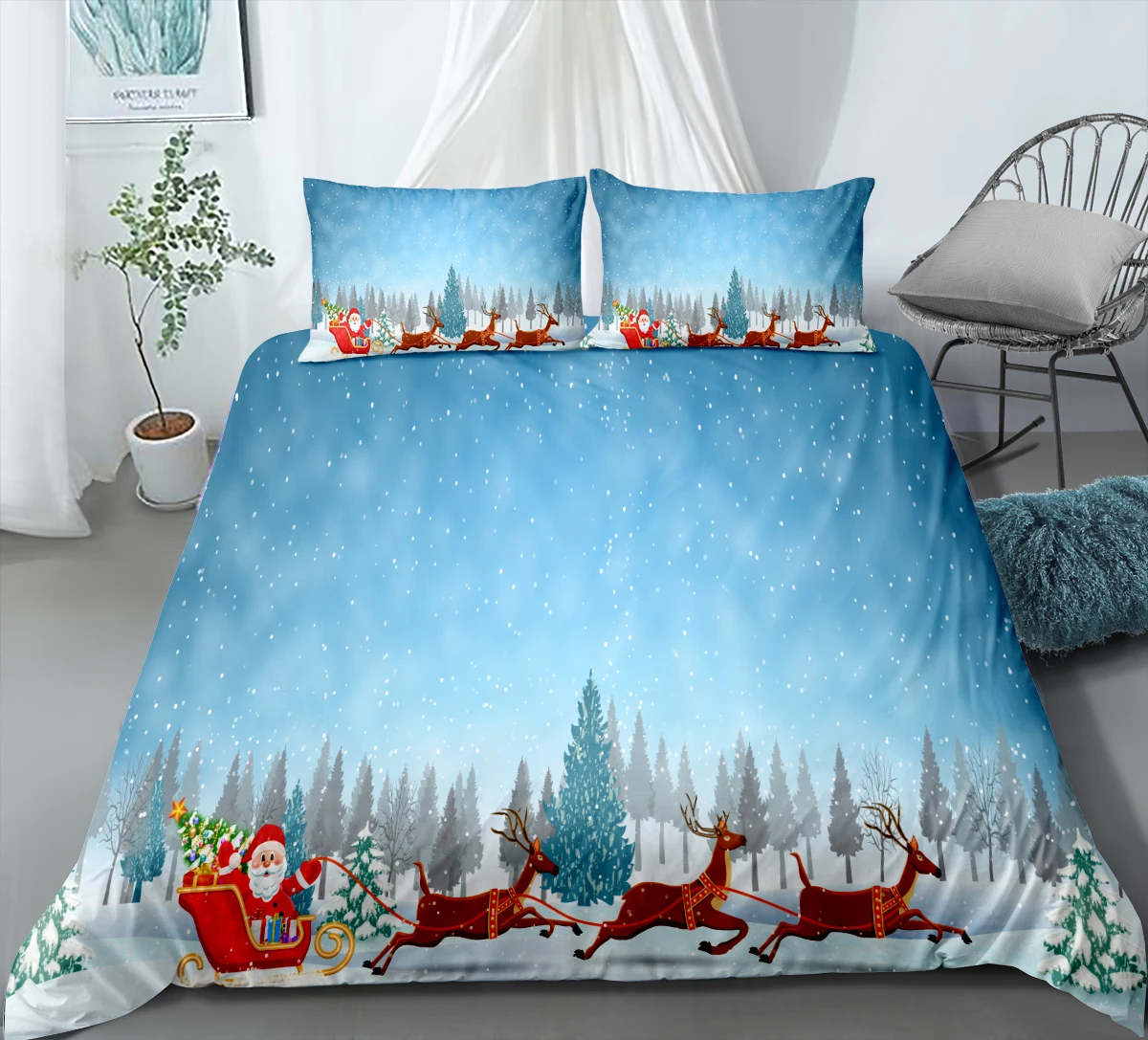Priecīgus Ziemassvētkus Gultas Komplekts Santa Claus Elk Sega Sedz, Sniegpārsliņu Zils Microfiber Gultas Veļas Komplekts Dāvanu Sega, Spilvendrāna Vāciņu