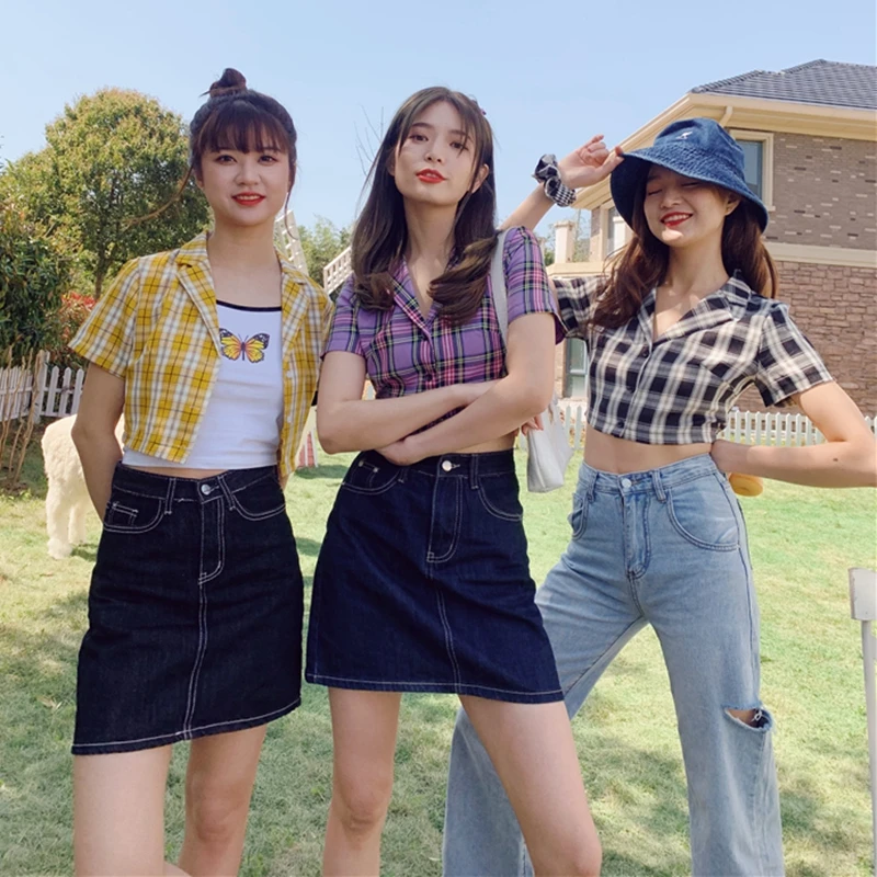 2020. gada Vasaras blūze sievietēm vīnogu novākšanas ražas krekls streetwear pleds dāmas topi elegants pogu up krekls korejiešu kultūru top sarkana