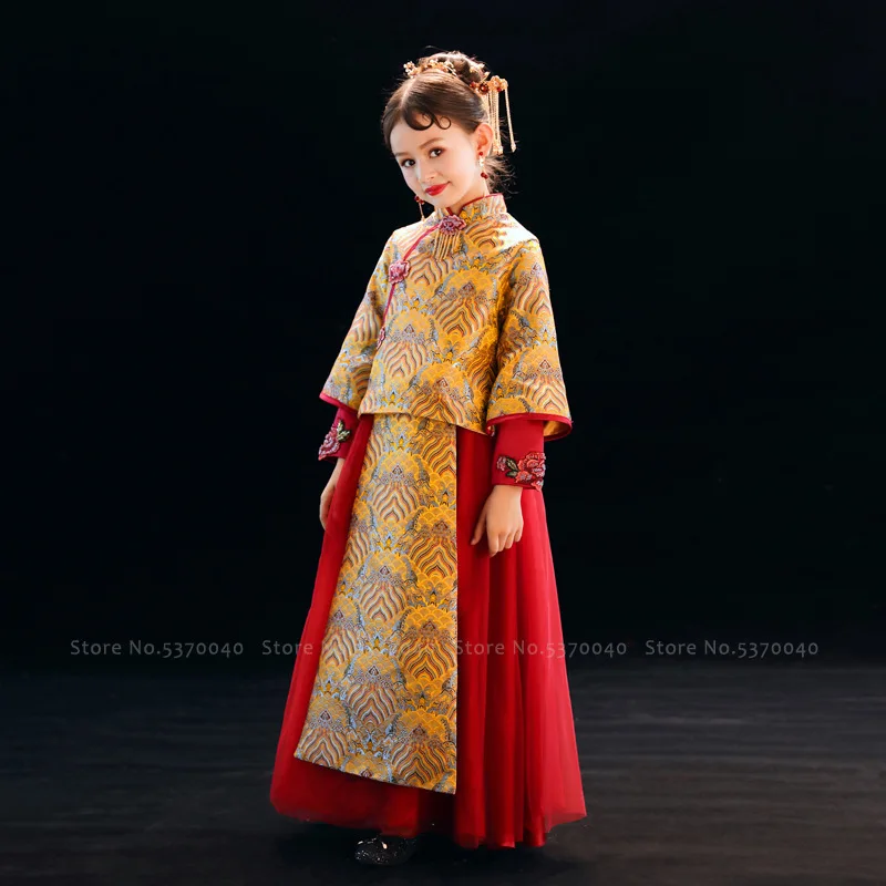 Meitenes, Tradicionālā Ķīniešu Cheongsam Hanfu Kāzu Princese Kleita Bērnu Qipao Topi, Svārki Bērniem Tang Uzvalks Puse Cosplay Kostīmi