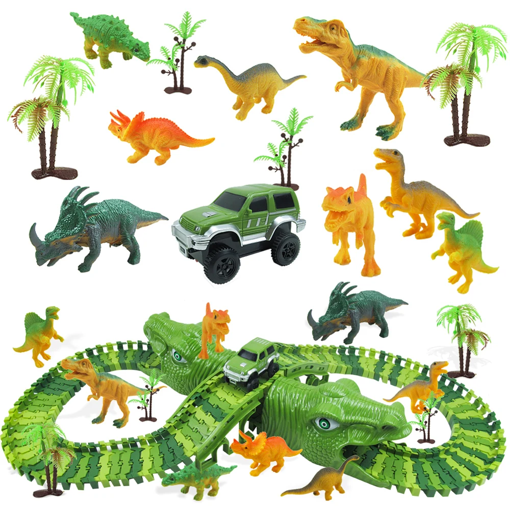 153Pcs Atdzist Jaunu Dinozauru Sacensību Sliežu Ceļu Dzelzceļa Burvju Sacīkšu Trasē Uzstādīt Rotaļu Līkumu Elastīgu Lējumiem Transportlīdzekļa Rotaļlietas bērniem