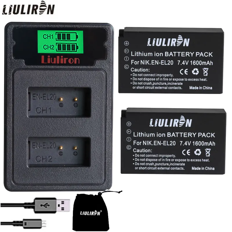2gab baterie 1600mAh EN-EL20 LV-EL20a LV EL20 EL20a Akumulators + LCD Dual USB Lādētājs NIKON 1 J1 J2 J3 S1 Kameru Baterijas