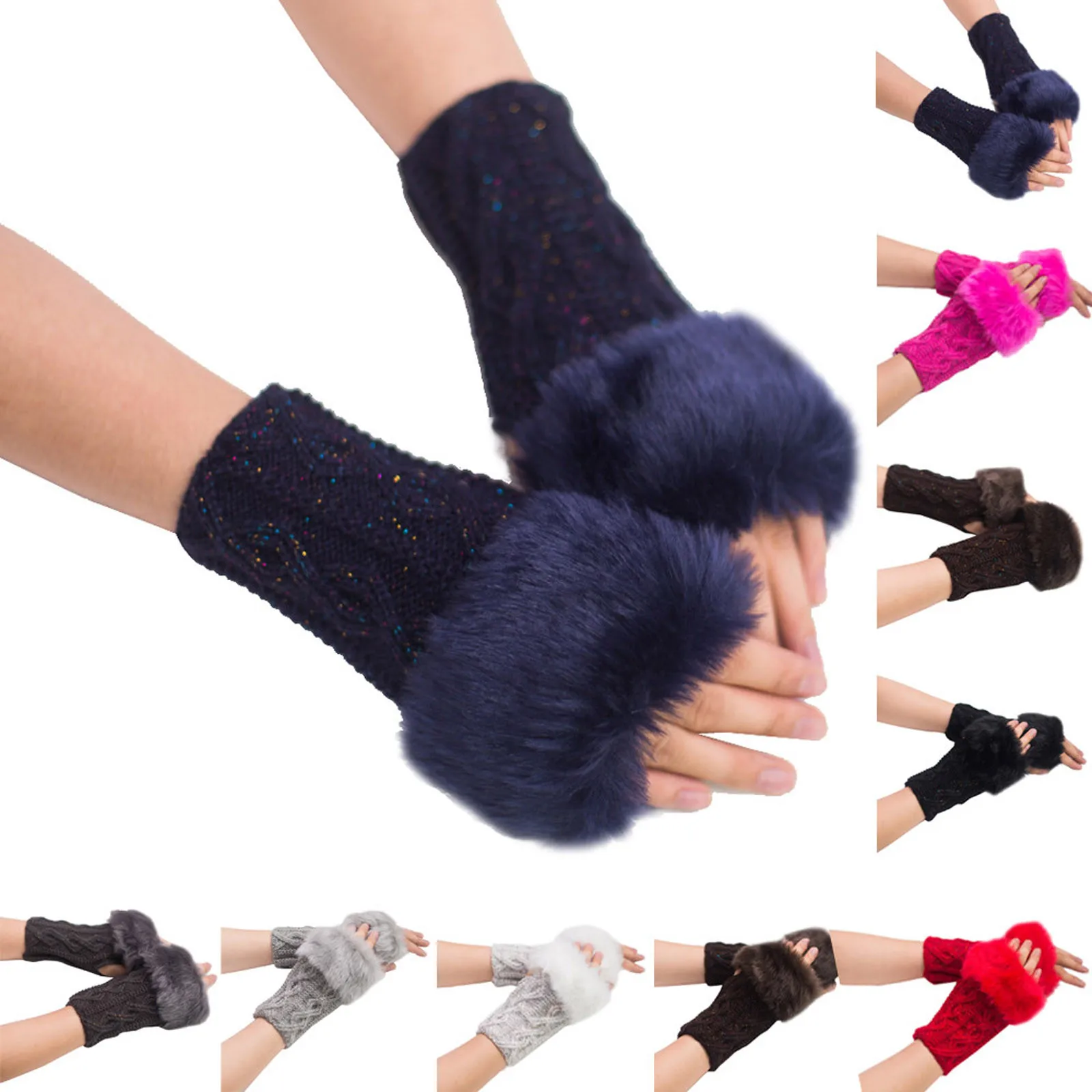 Ziemas Siltā Sabiezējums Vilnas Cimdi Adīti Fingerless Elastīgu Pakļauti Pirkstu Biezi Cimdi (Pirkstaiņi Sievietes Mākslīgās Trušu Kažokādas Cimdiem