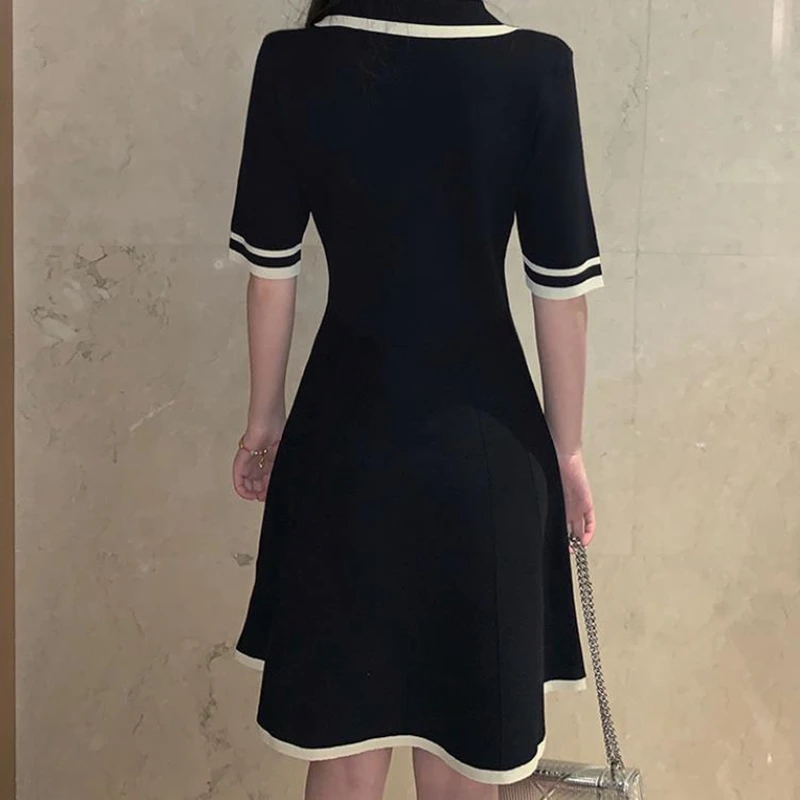Vasaras rudens Kleitu Eleganti Ikdienas Sieviešu Cietā Robots Apkakles kleitas divrindu Adīšanas-line Mini Office Lady Kleita