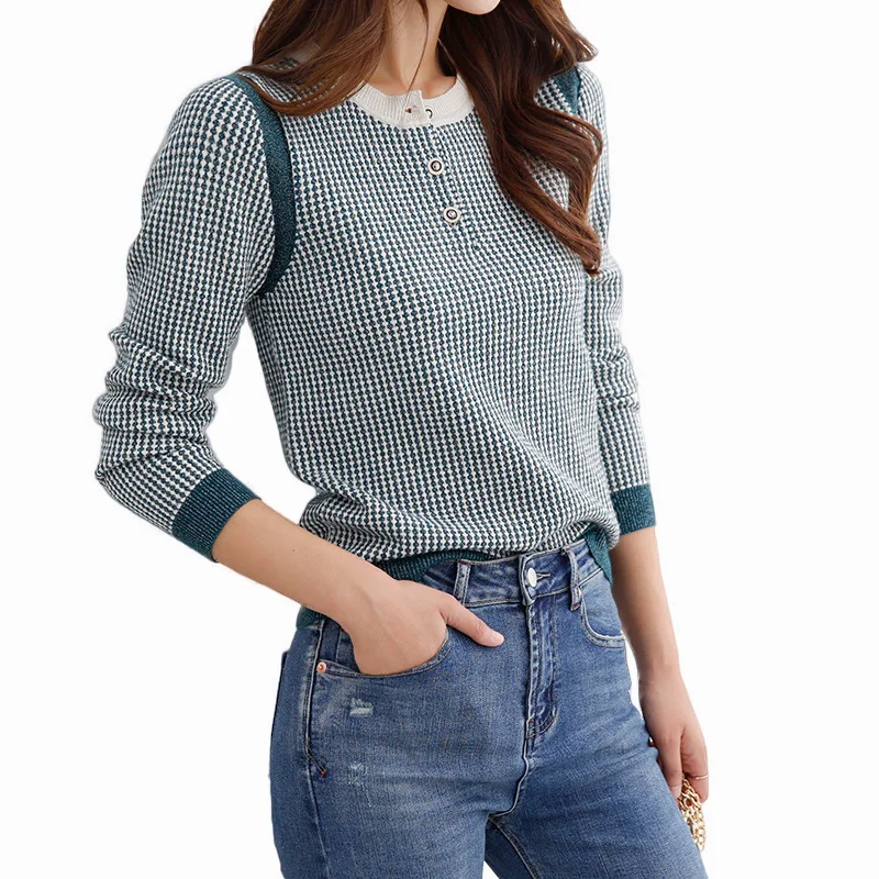 Sparkle Modelis Džemperis Sievietēm Henley Apkakles Ģeometrija Vintage Adīts Tops Rudens S-XL