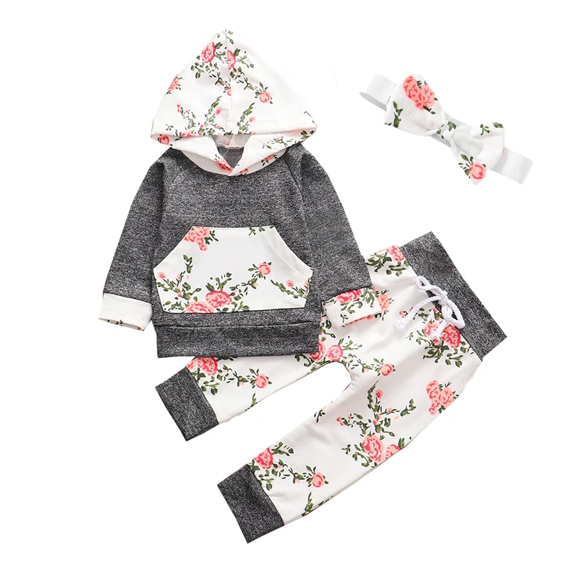 Jaundzimušais Meitene Apģērbu Komplekts Ar Garām Piedurknēm Ziedu Kapuci Tops Pelēkā Vārna Ziedi Bikses Galvas Saiti 3 Gab Toddler Zīdaiņu Meiteņu Apģērbs