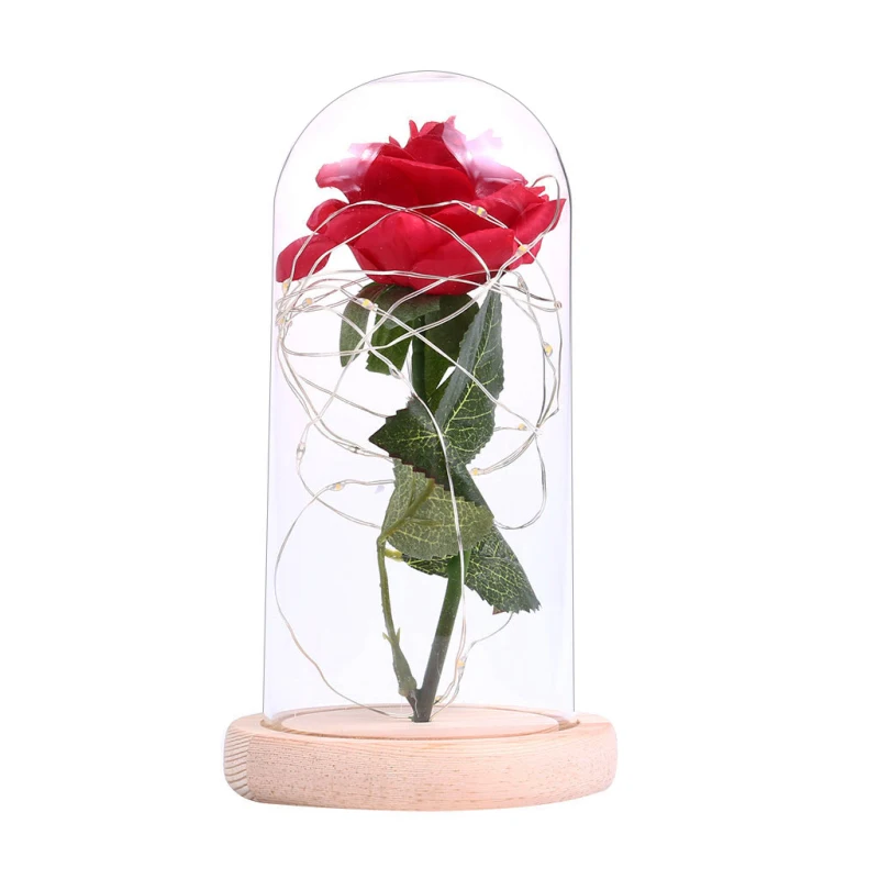 Augstas Kvalitātes Stikla Vāku Red Rose Puķu LED String Light Koka Pamatni Romantisks Valentīna Diena, Dzimšanas dienas Dāvanu Akumulatora Barošanu