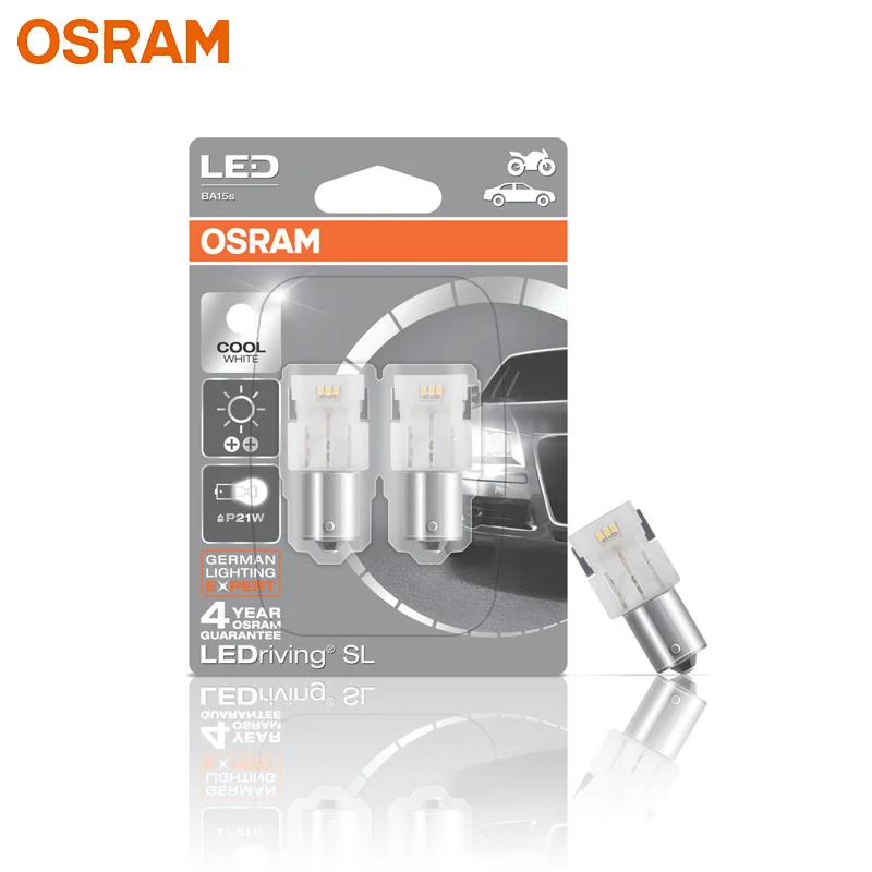 OSRAM LED P21W BA15s LEDriving SL 7458CW S25 6000K Balts LED Auto Miglas Spuldzes Bremžu Signāls Pozīcija Reverss signāllukturi, 2GAB