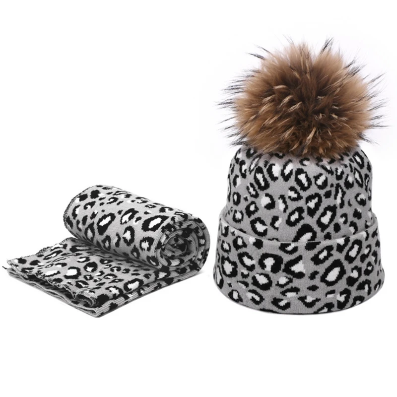 2gab Ziemas Sievietes Pompon Beanie Cepure, Šalle Komplekts Leoparda Siltu Mākslīgās Kažokādas Pom Pom