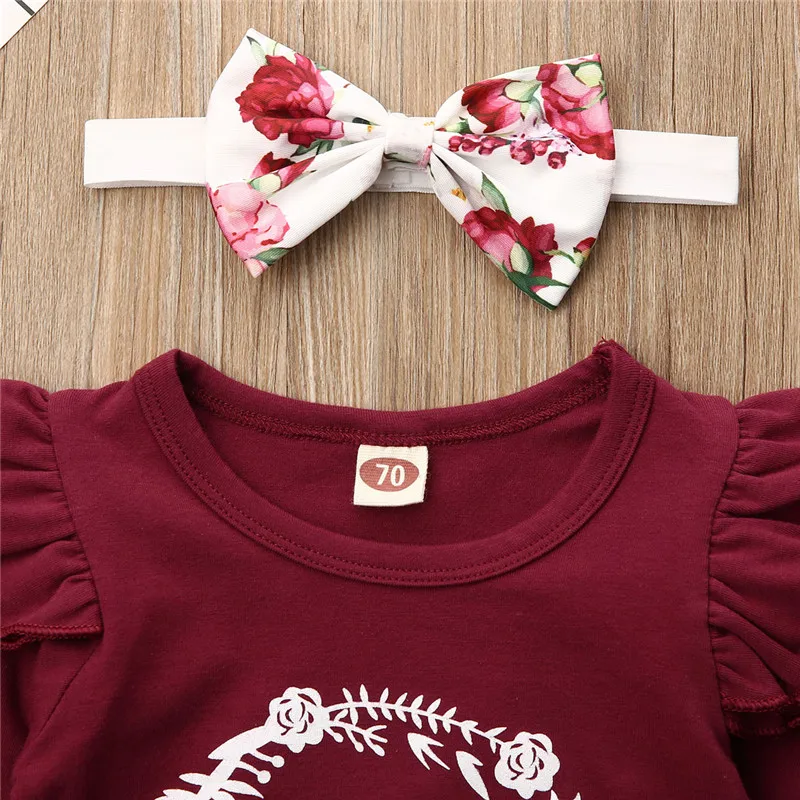 Baby Toddler Meiteņu Drēbes, Ziedu drukāt Pārsējs Bikses priekšgala Galvu Ģeometrija Savirmot ar garām piedurknēm ar apaļu kakla Bodysuit 3pc Tērpiem