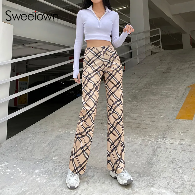 Sweetown 2020. gada Rudenī Līkne Svītru Taisnas Bikses Sievietēm Anglijas Preppy Stils Y2K Streetwear Gadījuma Kabatas Augstas Starām. Joggers