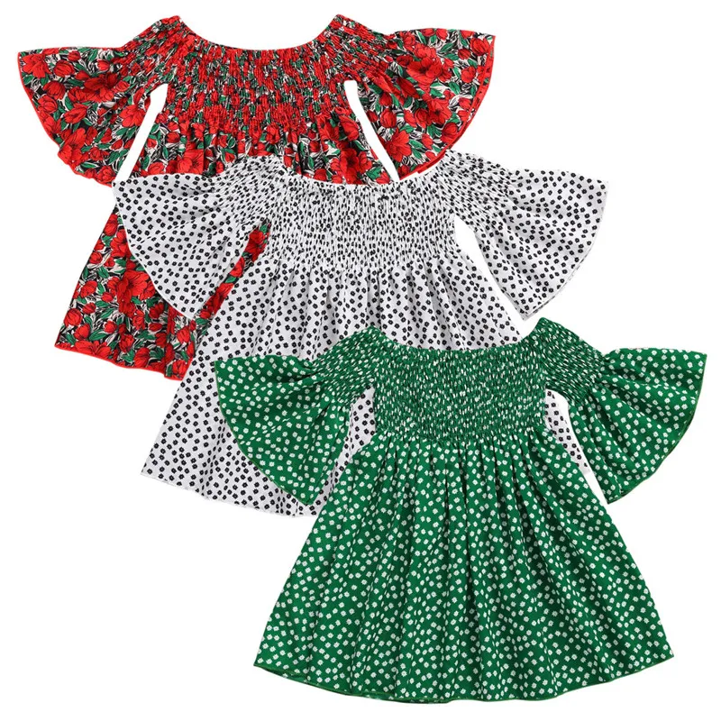 2-7Y Modes Pavasarī Baby Toddler Meitenes Uzliesmoja Piedurknēm, Kleitas Savirmot Ziedu Polka Dot Print Princese Svētku Kleita Sundress