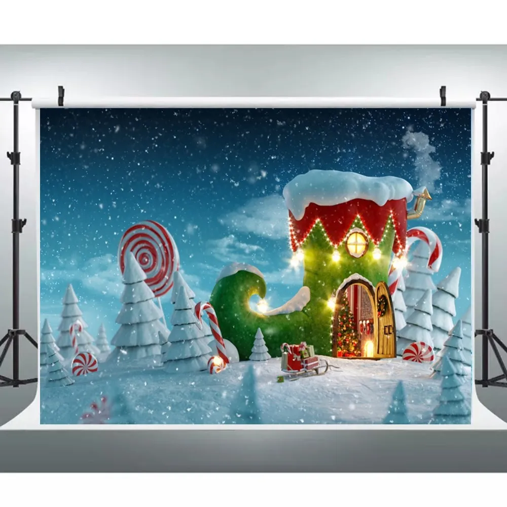 Laeacco Ziemassvētku Backdrops Par Fotogrāfiju, Saimes Māja Sniega Priedes Konfektes Ziemas Fonu Jaunā Gada Puse Photozone