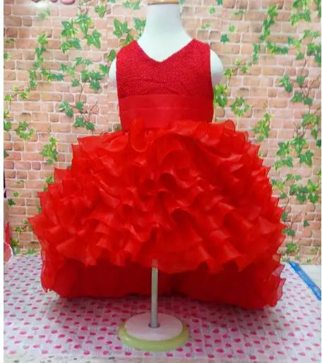 2017 Red Flower Girl Kleitas Augsta Zema karoti piedurknēm Grīdas Garums Satīna Tilla Bumbu Kleita Bērni Kāzu Kleitas