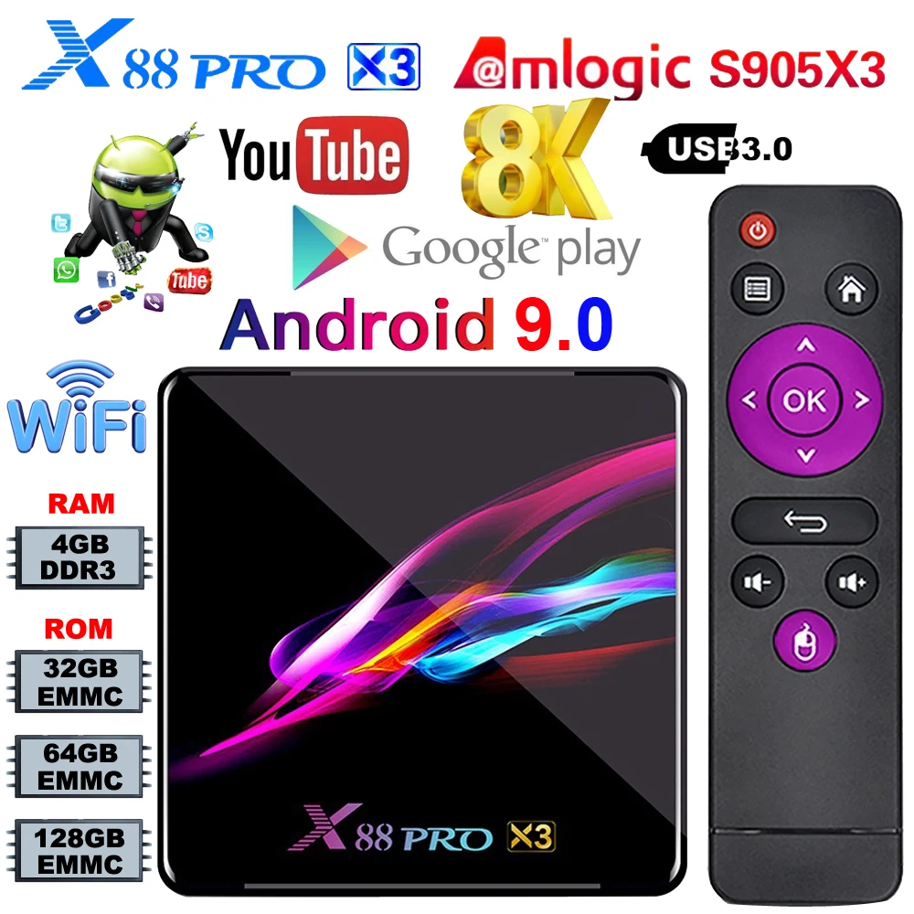 Android 9.0 Smart TV Kastē X88 Pro X3 Amlogic S905X3 Četrkodolu TVBOX 4GB RAM 5G Wifi 8K Google YouTube 4K Media Player Set Top Box