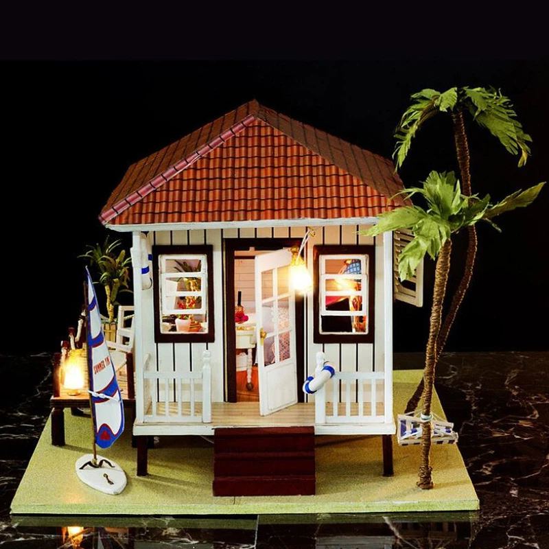 DIY Koka Miniatūra Leļļu Nams Komplekts Piejūras Māju Būvniecība Montāža Modeļa Komplekta Mājas Dekorēšanai Ziemassvētku Dāvanas Dzimšanas dienā
