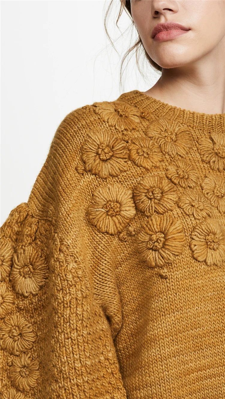 Rudenī un ziemā, jaunā rokas-izšūti trīsdimensiju ziedu vilnas džemperis sieviešu laternu piedurknēm temperaments dāma zemāko krekls, jaka temperaments trikotāžas džemperis F231