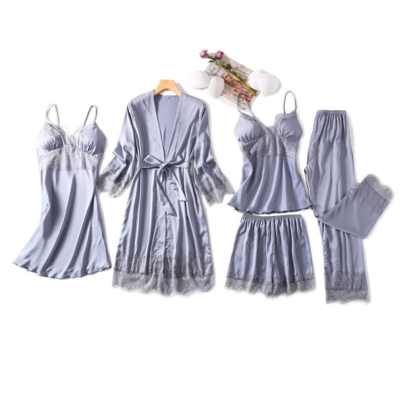 Sieviešu 5GAB Miega Komplekts Satīna Peldmētelis Kimono Kleita Sexy Mežģīņu Naktsveļu Gadījuma Intīmas Apakšveļa Kāzu Tērpu Set Home (sākuma Apģērbi