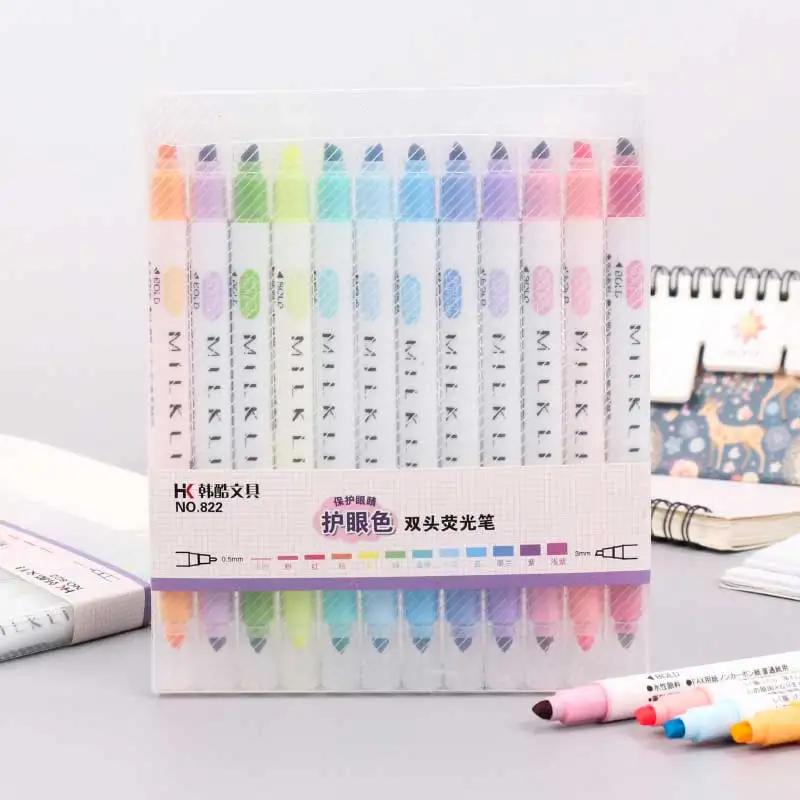 12 Krāsas/daudz Japāņu Kancelejas preces, Piens Kontūrzīmulis Double Nosaukumu Pen Gudrs Krāsainu Zīmējumu Krāsošana kawaii Atzīmētājs Mākslas Marķieri Pildspalvas