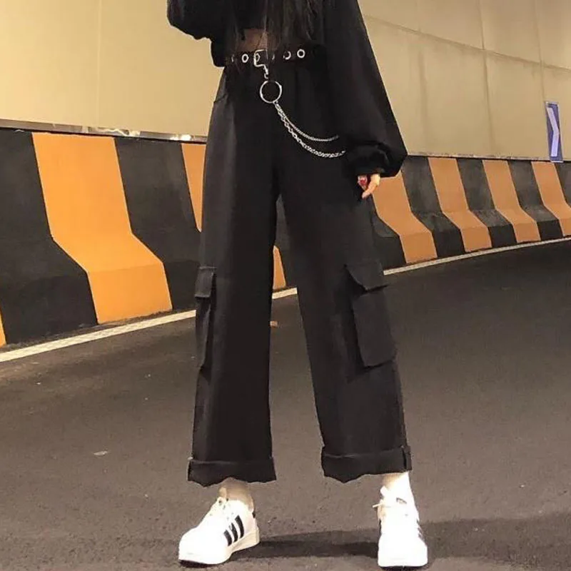 Sieviešu Modes Kravas Bikses(Ar Jostas un Ķēdes) Sieviešu korejas Elastīgs Viduklis Kabatas Zaudēt Streetwear Elsas Plus Lieluma Gadījuma Bikšu