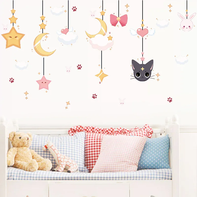 Karikatūra Moon Star Kaķu Mājas Dekori Bērnu Istabā Jauki Mākonis Trušu Sienas Uzlīmes Modes Sienas Uzlīmes PVC Vinila Mākslas Dizains