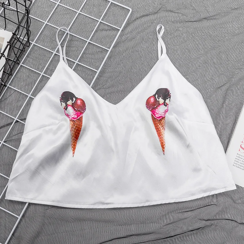 1PC Gadījuma saldējums Drukāt Gudrs Sleepwear Sievietes, V-veida kakla Piedurknēm Satīna Pidžamas Divas Gabals Komplekti Zeķu Pidžamas