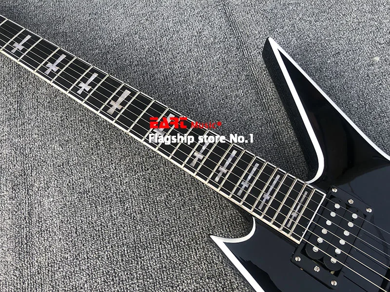 Factory Outlet 6 string formas elektriskā ģitāra, melnās krāsas, balto līniju, rožu koka klaviatūra, pastmarkas