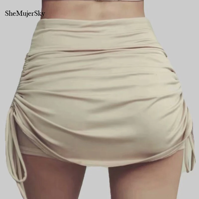 SheMujerSky Seksīgas Mežģīnes Up Stila Mini Svārki Šorti Slim Izdilis Haki Elastīgs Augstās Jostasvietas Bikses Sievietēm Ir 2021. Modes Pārsējs Bikses
