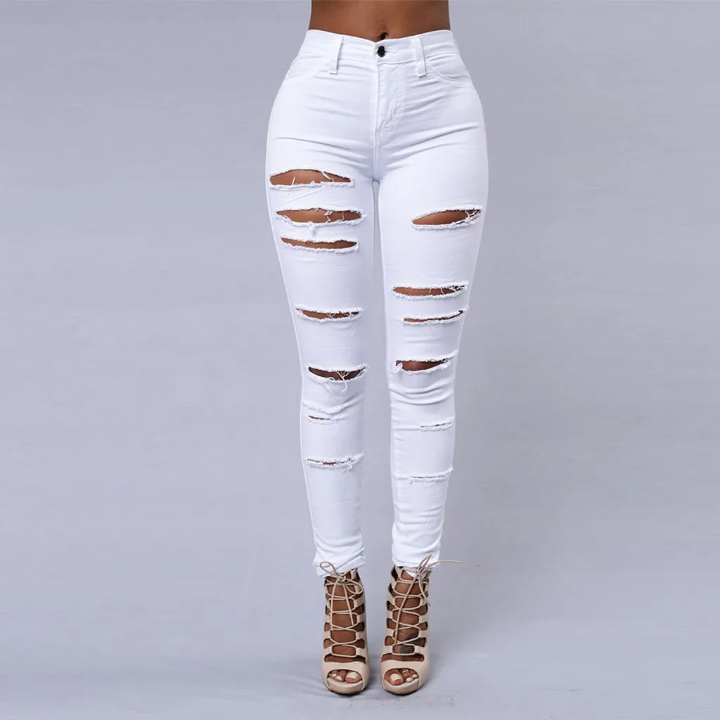 Modes Sievietes Bikses Gadījuma Melns Balts Caurums Nav Bumba Attīstīt Sevi Deviņi, centu Sieviete Bikses Slim Jeans mujer pantalones