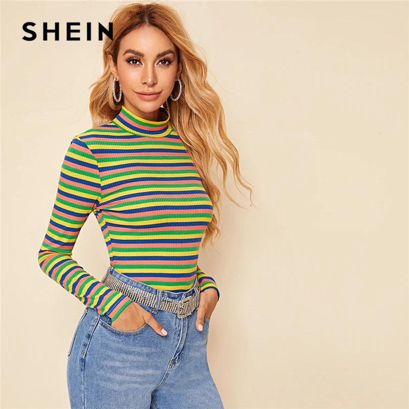 SHEIN Multicolor Stand Apkakli Svītrainām Salātu Adīt Gadījuma T-Krekls Sievietēm, Topi, 2019. Gada Rudenī ar garām Piedurknēm Formā, kas Aprīkoti Stretchy Tees