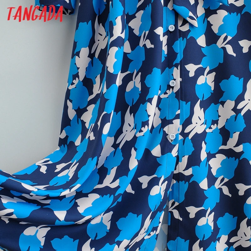 Tangada Modes Sieviešu Zilu Ziedu Drukāt Krekls Kleita Ar Slīpsvītru Jaunas Ielidošanas garām Piedurknēm Biroja Dāmas Midi Kleitu Vestidos 2F105