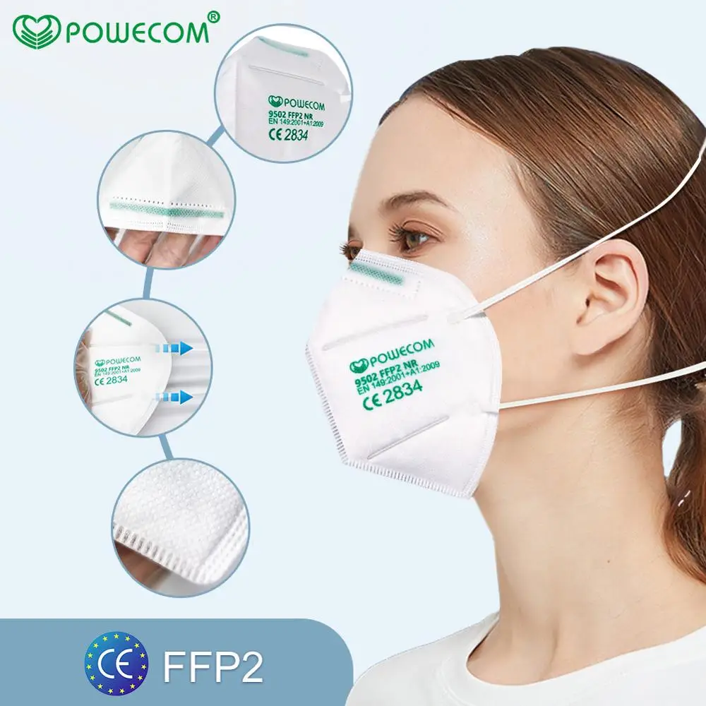 POWECOM 50gab FFP2 CE Higiēnas Maskas, ap Galvu stiprināmas Stila Atkārtoti lietojamā Maska 95% Filtrēšanas Elpojošs Maska Muti Purns Segtu Oriģināla Maskas