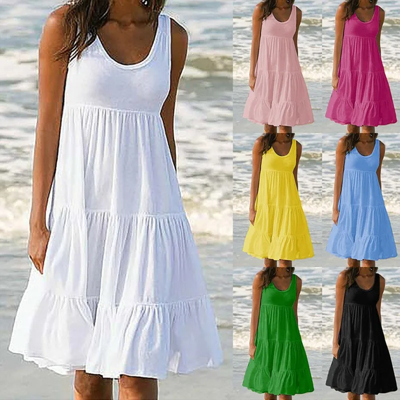 Ir 2021. sieviešu 7-color 5-izmērs bez piedurknēm, apaļu kakla raibs šūpoles pludmales svārki sievietēm balta kleita dāmas kleitas